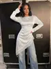 Moda Feminina Transfronteiriça Estilo Europeu e Americano Vestido Longo com Mangas Longas Renda Irregular Patchwork Cetim Slim-Fit Valorizador Design de Nicho