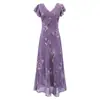 Vestido Longo Roxo Renda Patchwork Cintura Marcada Mangas Fluidas Decote V Doce e Elegante Estilo Francês Verão 2026