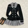 Vestido xadrez falso de duas peças com gola para mulheres, vintage, de botões duplos, acinturado, de mangas compridas, minissaia em retalhos xadrez em camadas, puro e sedutor
