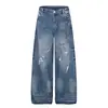 Jeans Rasgado Vintage Lavado Retro Americano com Estrelas de Strass, Calças Retas Largas Soltas de Verão Unissex Tendência