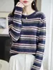 Camisa de Cuello Redondo Rayas de Color Empalmadas de Bambú Diseño Único de Textura Rayas de Bloque de Color Versátil Otoño/Invierno Sensación de Alta Gama Suéter de una Sola Pieza