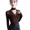 Elegante top de cuello alto halter invierno Nuevo Malla microtransparente con costuras de terciopelo camisa interior sin hombros sexy camisa pequeña