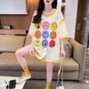 Camiseta de Manga Corta Estampada con Cara Sonriente Retro Americana para Mujer 2025 Verano Nuevo Diseño Holgado Chic Top de Algodón Puro