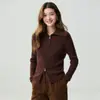 Suéter feminino de cashmere puro, mesmo estilo de Xiao He, malha canelada grossa, com gola alta e zíper, uma peça de outer wear quente e estilosa que é versátil e fácil de combinar