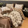 Juego de Colcha de Encaje Francés y Terciopelo de Leche de Cuatro Piezas Estilo Princesa Invierno Engrosado Cálido Funda Nórdica de Terciopelo Coral Sábana Bajera Ropa de Cama