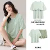 Traje de Verano Dulce y Lindo de Seda de Hielo Acanalado Fresco de Manga Corta Pijama de Verano para Mujer con Almohadillas en el Pecho Ropa de Casa Delgada