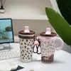 Copo térmico com estampa de leopardo, aço inoxidável 316, copo estiloso com canudo e alça, grande capacidade, copo de café portátil para mulheres