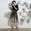 Elegante vestido de noche largo con degradado negro, adecuado para anfitrionas, se puede usar a diario, vestido de moda de manga corta con escote en V