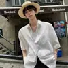 Camisa Blanca Hueca con Cuello Cubano para Hombre, Top Delgado de Manga Corta de Verano a la Moda, Camisa de Media Manga para Hombre, Camiseta Holgada
