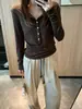 Camisa Básica Henley para Mulheres em Tencel Lyocell e Lã de Ovelha, Manga Longa para Outono e Inverno com Botões de Madrepérola e Listras de Acetato