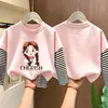 Camiseta de algodão puro de manga longa para meninas, estilo primavera e outono, corte solto, blusa base estilo duas peças falsas, gola redonda estilosa para meninas