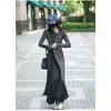 Vestido de Punto de Diseño de Alta Gama Coreano con Cuello en V para Mujer Otoño e Invierno 2025 Ropa Exterior y Jersey Base Interior Vestido de Falda Larga
