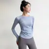 Top de Yoga Feminino Outono e Inverno Camiseta Esportiva Roupa de Treino para Pilates Fitness Manga Longa Alta Elasticidade Gola Redonda Camada Base Outono e Inverno