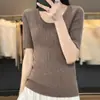 Camiseta de punto fina de manga corta para mujer, color liso a rayas, cuello en U, lana peinada, capa base, manga media, adelgazante, para ir al trabajo, primavera y verano