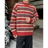 Suéter Tricot Gola Redonda Listrado Retro Outono 2025 Unissex Solto Estilo Casal Estilo Preguiçoso Versátil Casual Suéter Pulôver