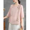 Camisa de linho bordada de manga três quartos para mulheres, uso diário de verão, Hanfu modificado, vestido de chá vintage abotoado, blusa elegante