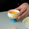 Taza Maestro Cerámica Pintada a Mano con Pie Alto con Diseños de Osmanthus y Koi, Taza de Té Personal con Borde de Flores, Taza Individual para Juego de Té Kung Fu
