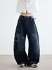 Marca Americana de Moda de Rua Bordado de Rosa Cimitarras Jeans Unissex High Street Retrô Lavado Solto Casual Calça de Pernas Largas