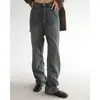 Calça Jeans Azul Retrô para Mulheres, Corte Reto, Solta, Retrô Americano, Cintura Alta, Slim, Lavada, Desgastada, Com Caimento, Calça Pantalona Longa