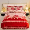 Juego de Edredón de Terciopelo de Leche de Alto Peso Cuatro Piezas Rojo Grande Festivo de Boda Cálido de Invierno Terciopelo Coral Forro Polar Doble Cara
