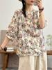 Estilo Novo de Verão Roupas Femininas, Camisa Elegante de Linho com Decote V Respirável e Confortável com Estampa Digital, Blusa Feminina de Manga Média Venda por Atacado