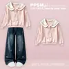 Sudadera azul marino con cuello dulce y preppy para el día a día, nueva colección primavera/otoño, pantalones de mezclilla de moda y únicos, conjunto de dos piezas para niñas