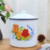 Caneca de Esmalte Nostálgica com Caractere Floral Duplo da Felicidade, Lata de Chá de Ferro Antiga com Tampa Vintage, Caneca de Chá Publicitária para Doces