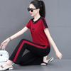 Marca Traje casual para mujer Verano Estilo occidental Reductor de edad Cuello redondo Manga corta Pantalones de pierna ancha Ropa deportiva Conjunto de dos piezas