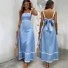 Verão 2026 Mais Vendido Azul Claro Moda Feminina Europeia e Americana Transfronteiriça Alça Franzida Vestido Longo de Férias Elegante