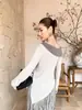 Blusa de Tricô Assimétrica com Blocos de Cor Inspirada no Design Jianhe para Mulheres, Temporada de Primavera, Blusa Irregular de Liocel Slim-Fit 88266