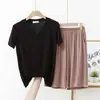 Traje de dos piezas para mujer, verano 2023, nuevo, modal, talla grande, cuello en V, fino, para casa, ropa exterior, casual, color liso