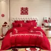 Dragão e Fênix Amigável à Pele Lavável Algodão Casamento Conjunto de Quatro Peças Casamento Grande Vermelho Estilo Chinês Lençol de Cama Lençol com Elástico Colcha de Casamento Casamento Quarto de Casamento Roupa de Cama