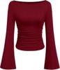 Camiseta Sexy de Color Puro con Escote Barco y Mangas de Campana para Mujer, Estilo Europeo y Americano, Otoño 2025, Corte Ajustado, Fruncido para un Aspecto Adelgazante, Manga Larga