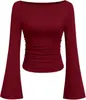 Camiseta Sexy de Color Puro con Escote Barco y Mangas de Campana para Mujer, Estilo Europeo y Americano, Otoño 2025, Corte Ajustado, Fruncido para un Aspecto Adelgazante, Manga Larga