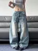 Jeans de corte curvo desgastados con textura de bambú, corte limpio, lavado, de alta calle americana, para hombres y mujeres, pantalones largos de pierna recta ligeramente acampanados