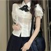 Saia Plissada Branca com Mangas Bufantes JK para Mulheres Verão Estilo Preppy Sexy Emagrecedor Cintura Novo Top de Manga Curta