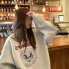 Moletom com estampa de desenho animado retrô americano para mulheres, forrado com fleece e espessado, design para outono e inverno, estilo BF, solto e versátil, top de agasalho moderno