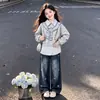 Elegante Casual Primavera/Otoño Estilo Coreano Académico Personalidad Rayas Bloques de Color Patchwork Top Versátil Conjunto de Jeans para Niñas
