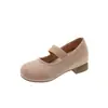 Zapatos Mary Jane de gamuza con tacón grueso de estilo suave para mujer 2026 nuevos de verano versátiles con banda elástica punta redonda escote bajo zapatos de un solo color