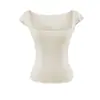 Camiseta Manga Curta Ruffle Gola Quadrada Estilo Desejo Puro Elástica, Top Curto Leve de Verão Slim-Fit Ligeiramente Transparente Sexy