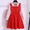 Meninas vestido de malha outono einverno novo estilo infantil vestido de princesa meninas camisola de malha vestido falso de duas peças saia