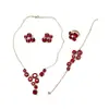 Conjunto de Cuatro Piezas de Collar, Pendientes, Anillo y Pulsera de Cristal Rojo y Azul de Alta Gama Europeo y Americano Transfronterizo con Baño de Oro Rosa para Mujer