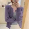 Cárdigan de punto corto morado de cuello redondo, nuevo para otoño, estilo oversized, suéter de abrigo holgado para mujer
