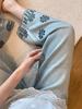 Jeans de Renda Fina com Recortes Bordados 2025 Primavera e Outono Cintura Alta Feminino Calça Reta Solta Nove Pontos