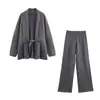 Conjunto de Tricô com Cinto Estilo Relaxado Outono Novo Cardigã de Tricô com Gola e Cadarço na Cintura + Calça Reta de Cintura Alta