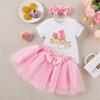 Directo de fábrica vestido de fiesta de cumpleaños de verano para niña pequeña letra 1 palabra manga corta falda khayi accesorios para el cabello traje de 3 piezas