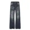 G60105 High Street Estilo Americano Unisex Streetwear Jeans para Hombre Corte Delgado Ligeramente Acampanados Vintage con Diseño de Lavado Ojo de Gato Hecho a Mano