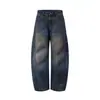 Jeans de Pierna Curva Sucios Desgastados de Terreno Baldío para Hombre Tendencia Deconstruido Forma de Arco Invertida Puesta Personalidad Pantalones Largos de Pierna Ancha
