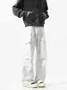 Jeans de tie-dye plisados de moda para hombre, pantalones cargo blancos holgados de pierna ancha con múltiples bolsillos, pantalones de pierna recta ligeramente acampanados