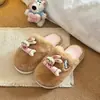Chinelos fofos de cor contrastante com desenhos animados para mulheres, chinelos de algodão quentes e fofos para casa, estilo girlish, bico fechado, inverno